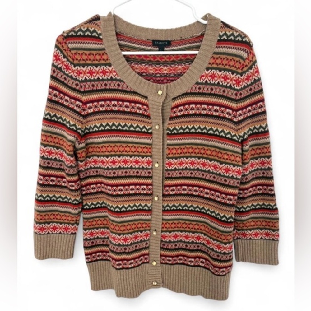 Talbots Fair Isle Wool Blend Cardigan Sweater Large 3/4‎ Sleeve Classic Nordic